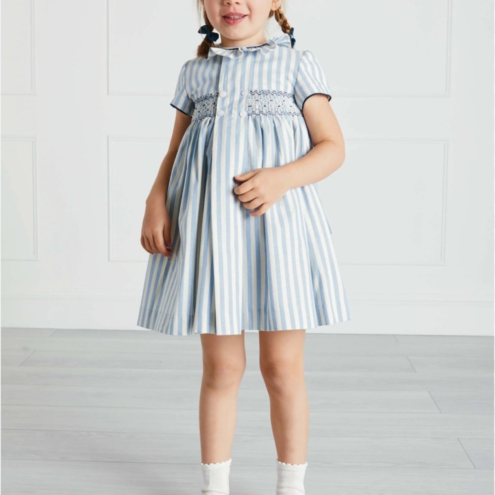 Pepa london Handsmocked Delicate Stripe Short Sleeve Dress in Blue